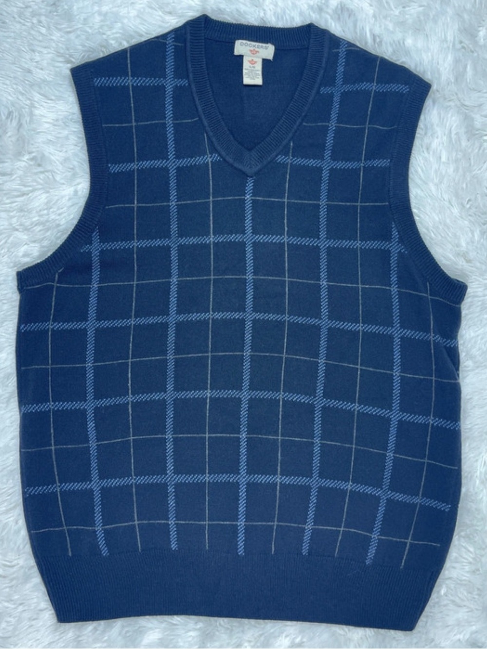 Dockers Men's Navy V-Neck Windowpane Sweater Vest with Light Blue Grid sz L
